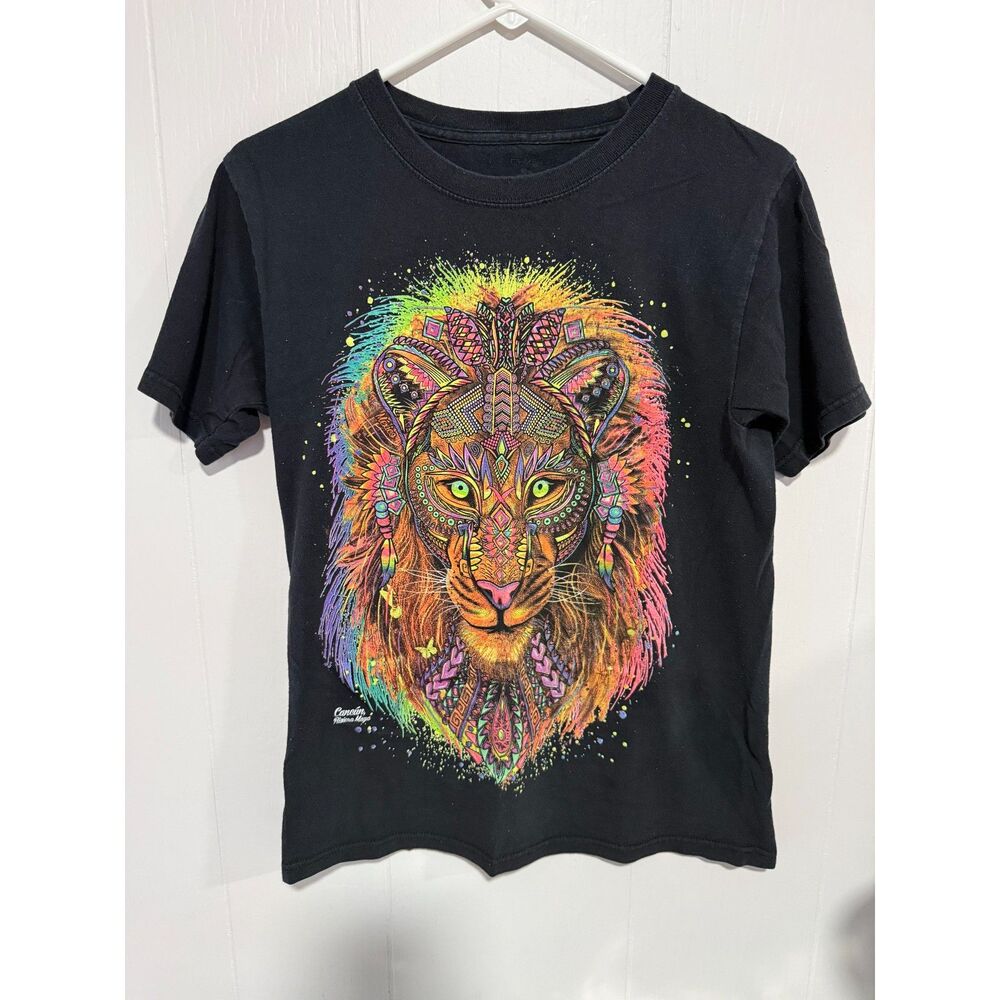 Neon-accented Mexican Aztec lion graphic tshirt